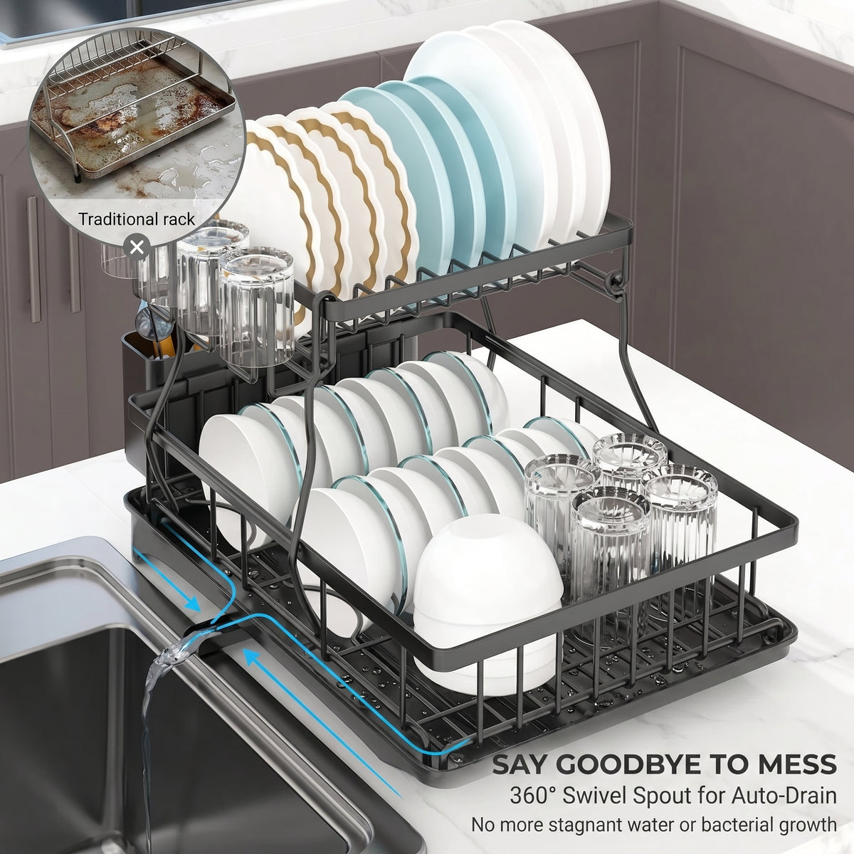 Dish Drainer Drying Rack With Cup Holder Foldable Cutlery Tray